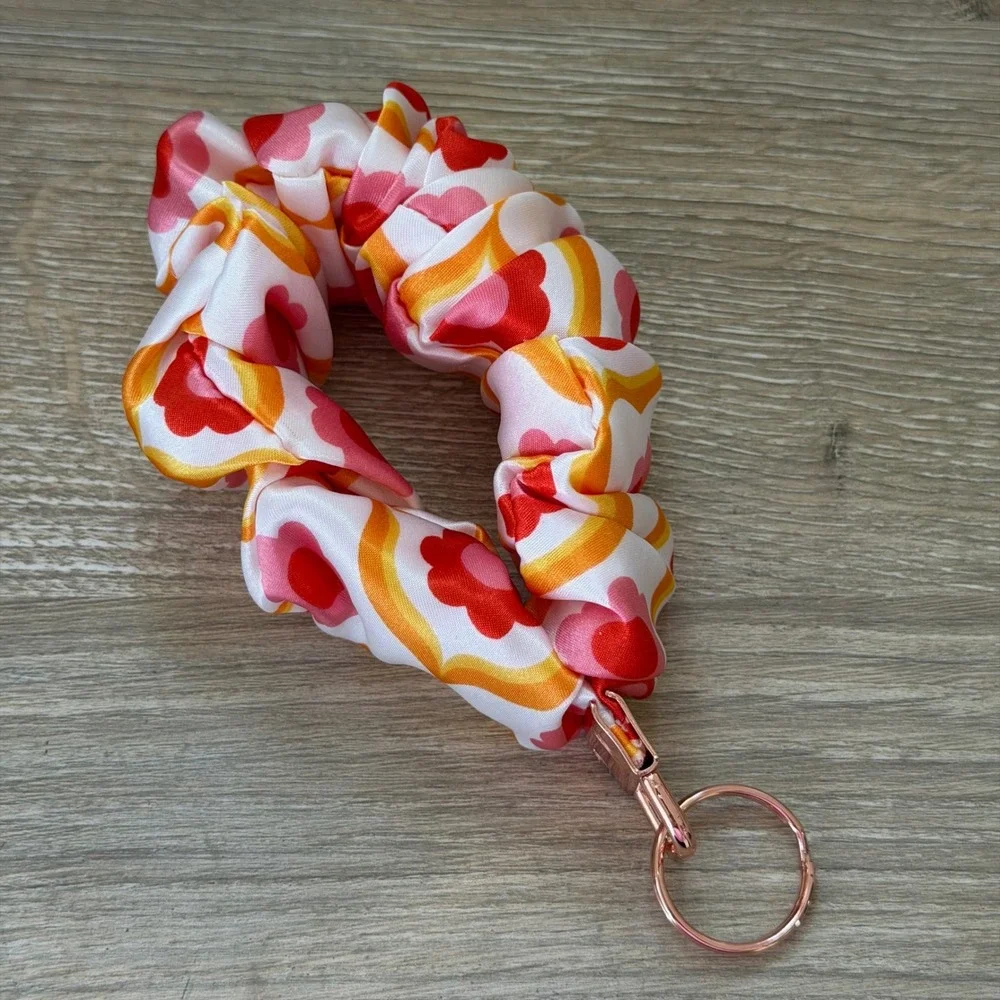 Scrunchie Keychain Wristlet Women OS Pink Orange Retro Floral Handmade